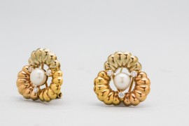 18Kt Tri-Tone Gold Pearl and Cubic Zirconia Earrings