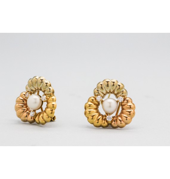 18Kt Tri-Tone Gold Pearl and Cubic Zirconia Earrings