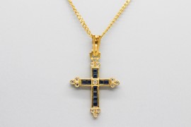 18Kt Gold Diamond Sapphire Cross Pendant