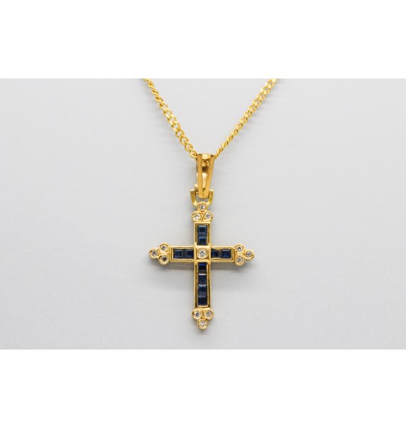 18Kt Gold Diamond Sapphire Cross Pendant