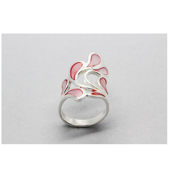 Sterling Silver Ring with a Water Drop Design Painted with Pink Enamel