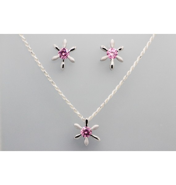 Sterling Silver Set Decorated with Pink Cubic Zirconia