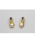 18Kt Gold Pearl Earrings with Sapphires and Cubic Zirconia